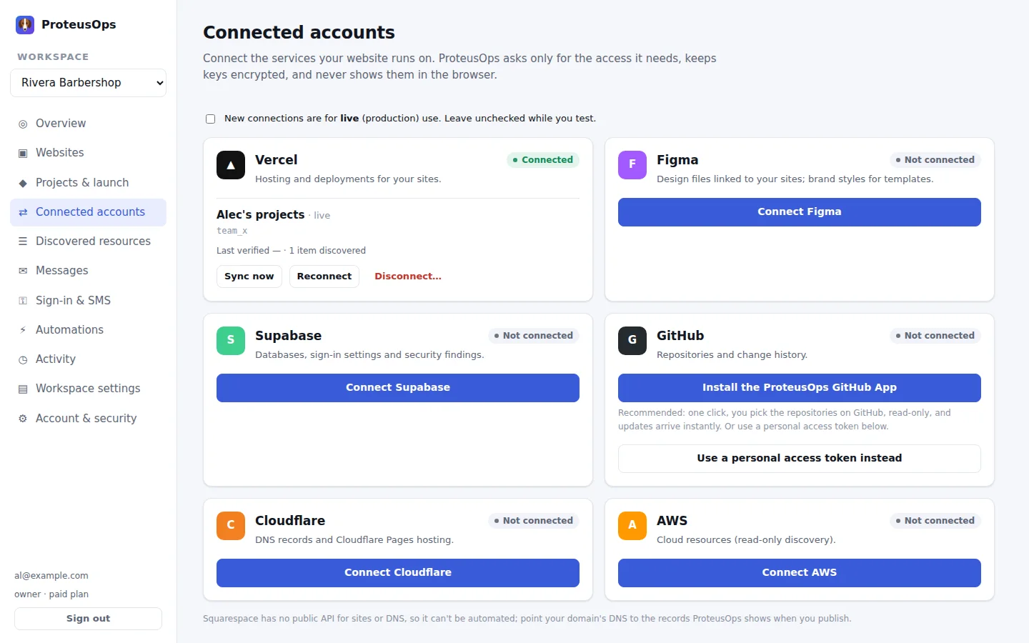 Connected accounts page