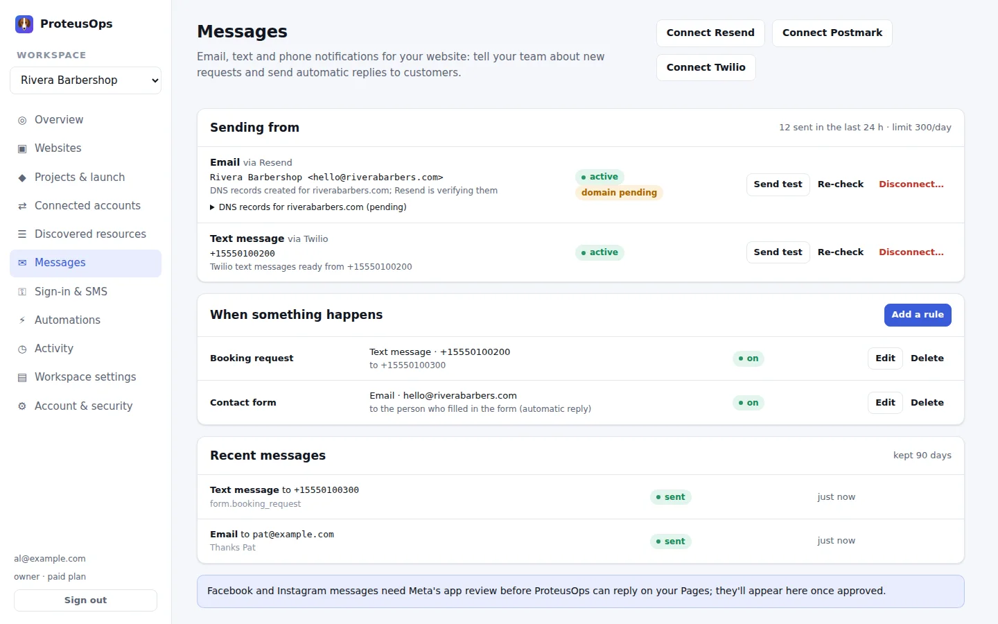 Messages page with email and text channels